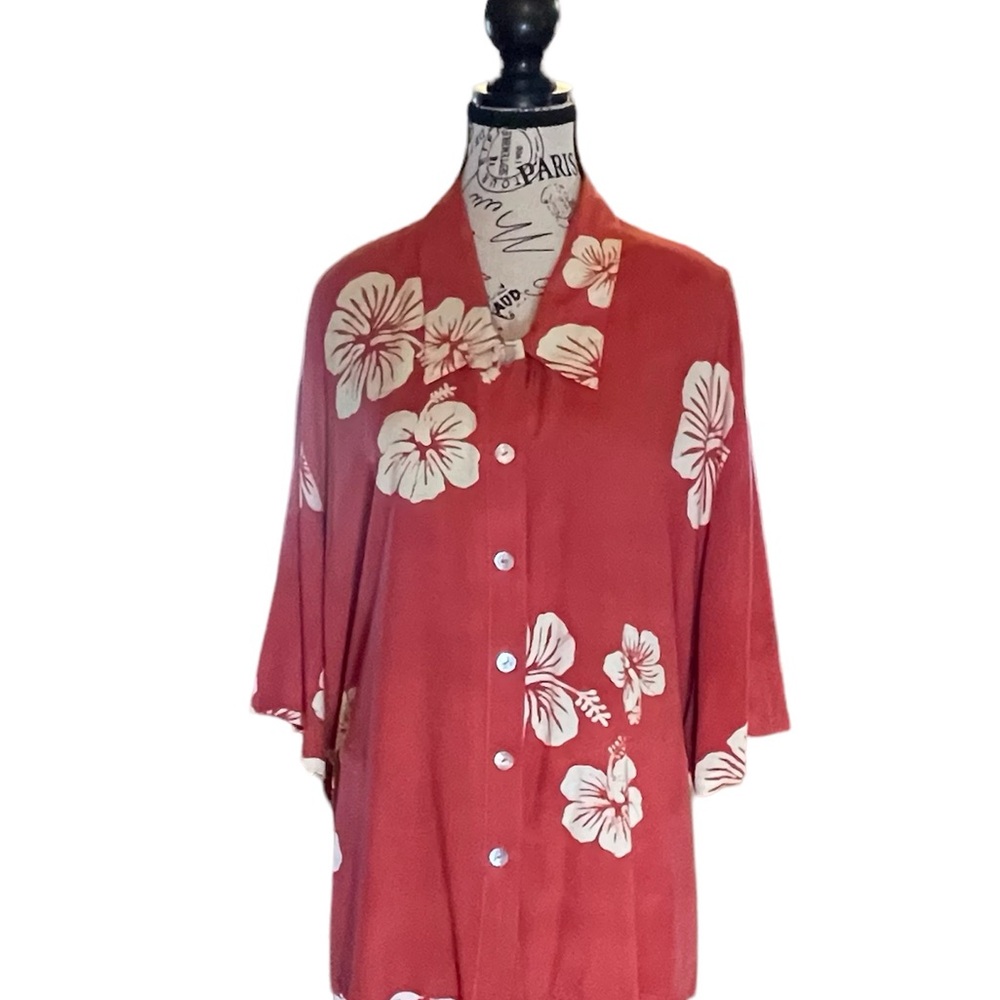 Sarong Coral Hawaiian Top with Cream Hibiscus Flower Print 🌺 Plus Size 4X